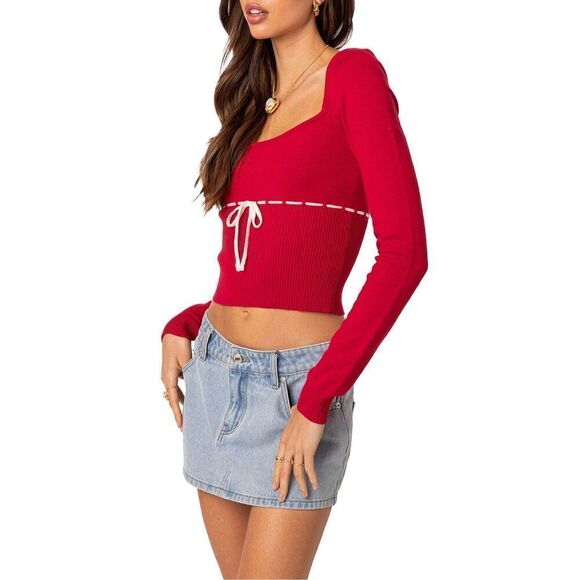 HESPERUS Natasha Square Neck Long Sleeve Knit Top in Red- sweater size S - Picture 2 of 6